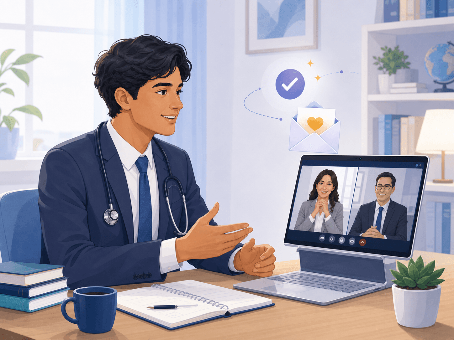 A confident international medical graduate succeeding in a remote residency interview